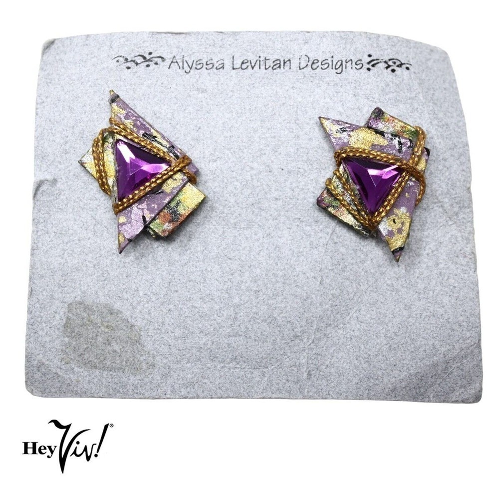 Vintage 90s Alyssa Levitan Purple Gold Handcrafted Origami Pierced Earrings Card